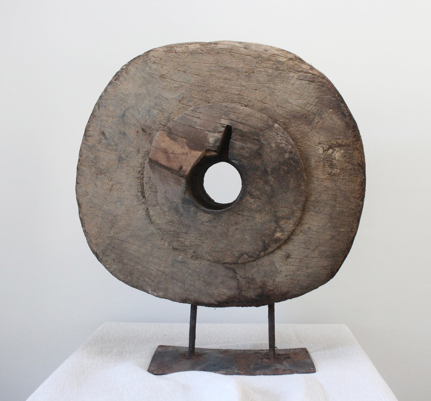 Large Wooden Wheel on metal stand